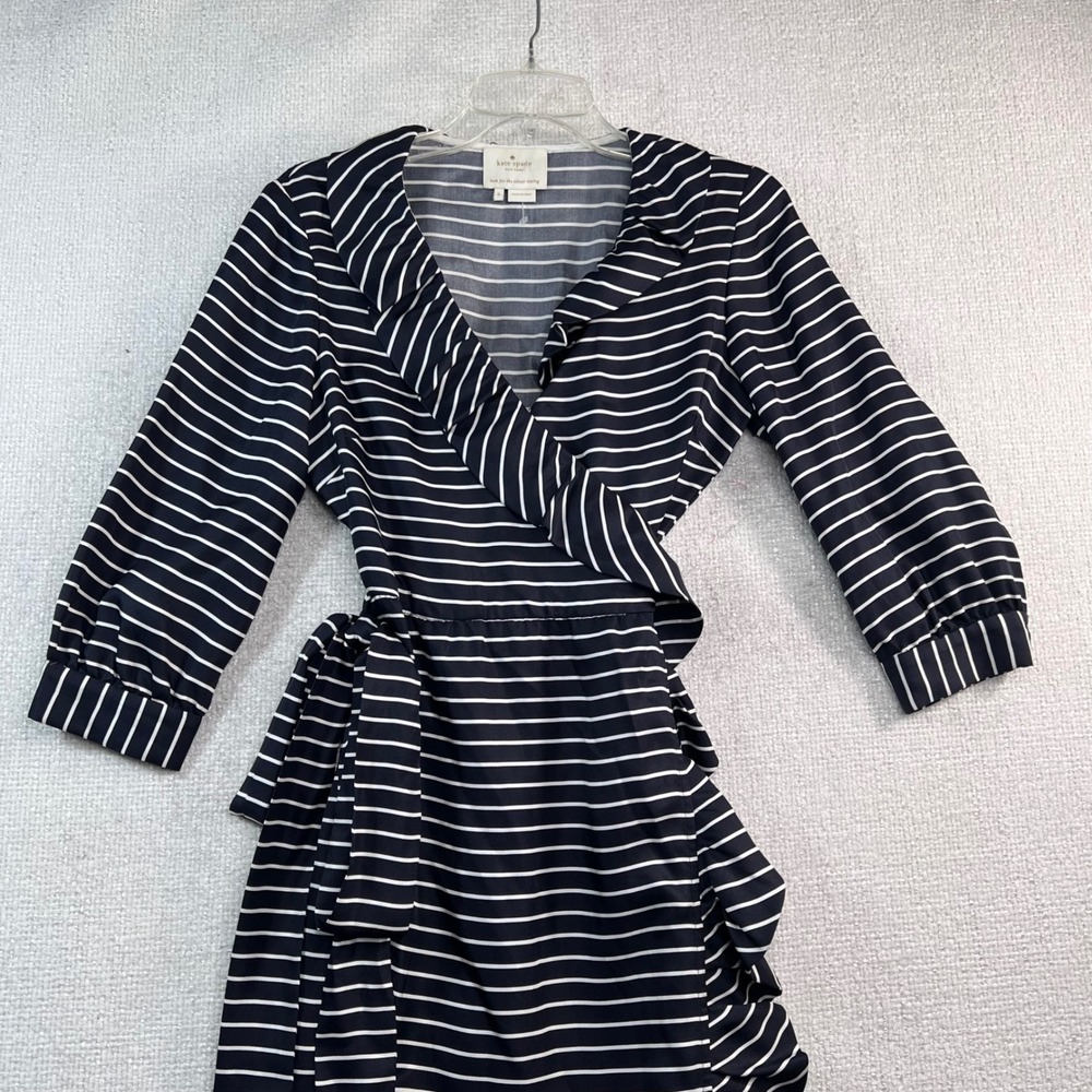 Kate Spade New York Silk Wrap Dress Black White Striped Ruffle Size 8 - Picture 3 of 11